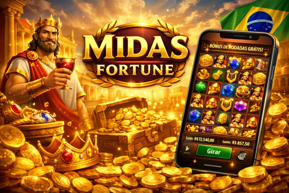 Midas Fortune em smartphone com moedas douradas, símbolos do slot e visual premium de cassino online no Brasil