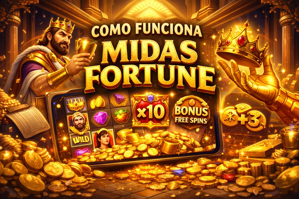 Midas Fortune com interface do slot, símbolos, bônus e elementos dourados explicando como o jogo funciona no Brasil