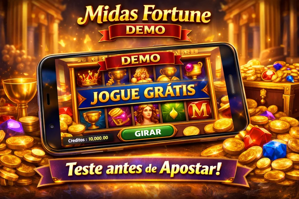 Midas Fortune Demo em smartphone com interface do slot, moedas douradas e destaque para jogar grátis antes de apostar