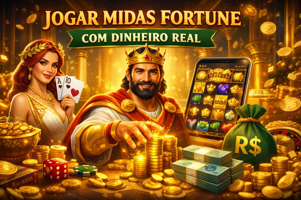 Midas Fortune em smartphone com saldo em reais, moedas douradas e visual premium para jogar com dinheiro real no Brasil