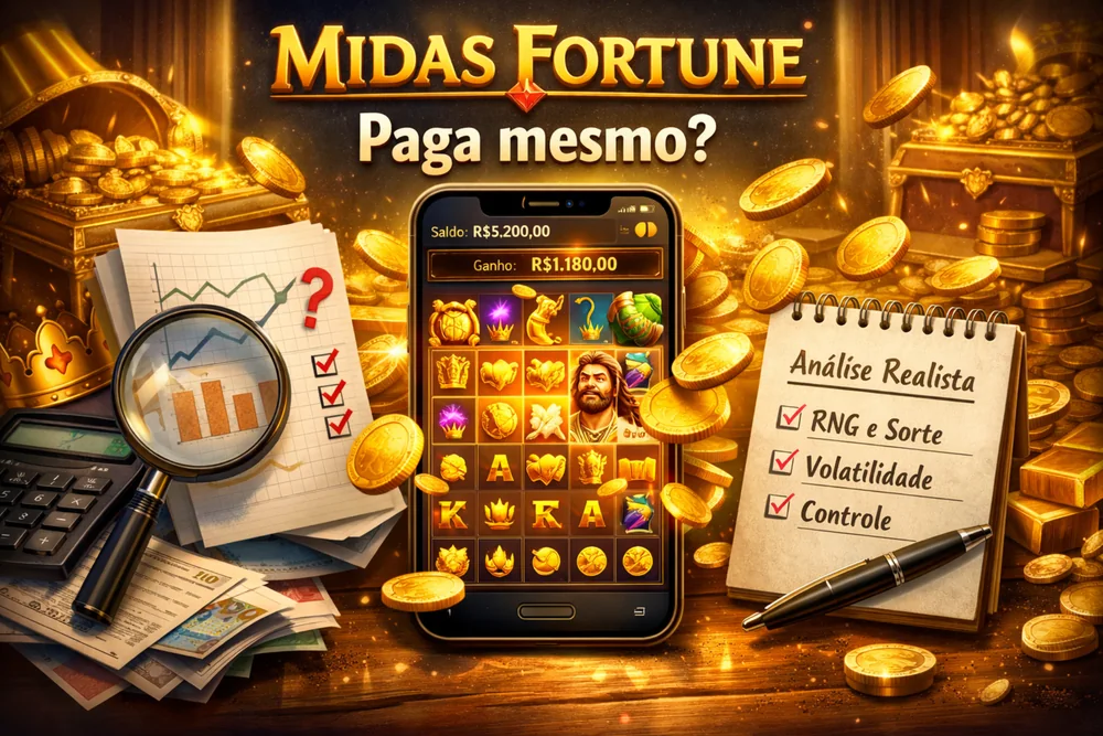 Midas Fortune em smartphone com moedas douradas, análise do jogo e destaque para entender se o slot paga mesmo no Brasil