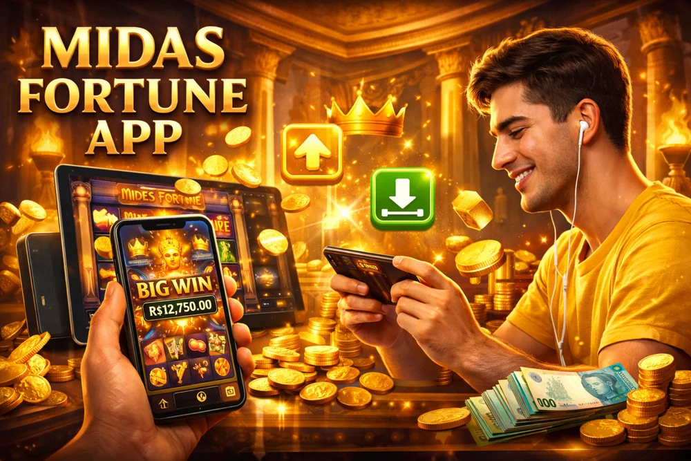 Midas Fortune App em smartphone com interface do slot, acesso mobile e visual prático para jogar no celular no Brasil