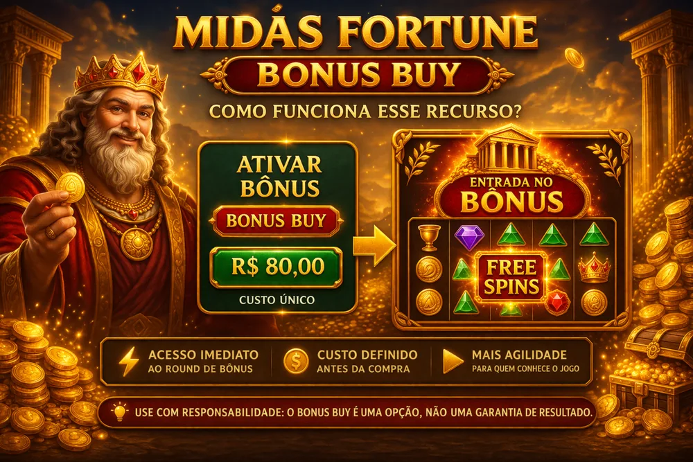 Midas Fortune Bonus Buy com interface de compra de bônus, moedas douradas e elementos visuais para explicar o recurso no Brasil