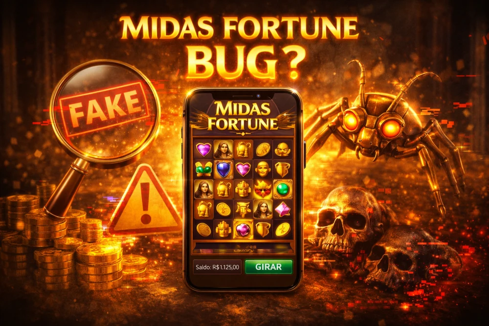 Midas Fortune em smartphone com interface do slot, lupa, aviso visual e elementos de alerta para representar dúvidas sobre bug no Brasil