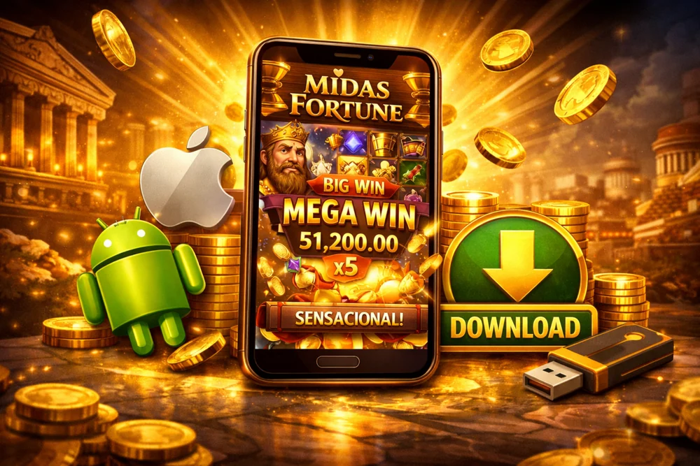 Midas Fortune Download em smartphone com interface do slot, ícone de download e acesso mobile no Brasil