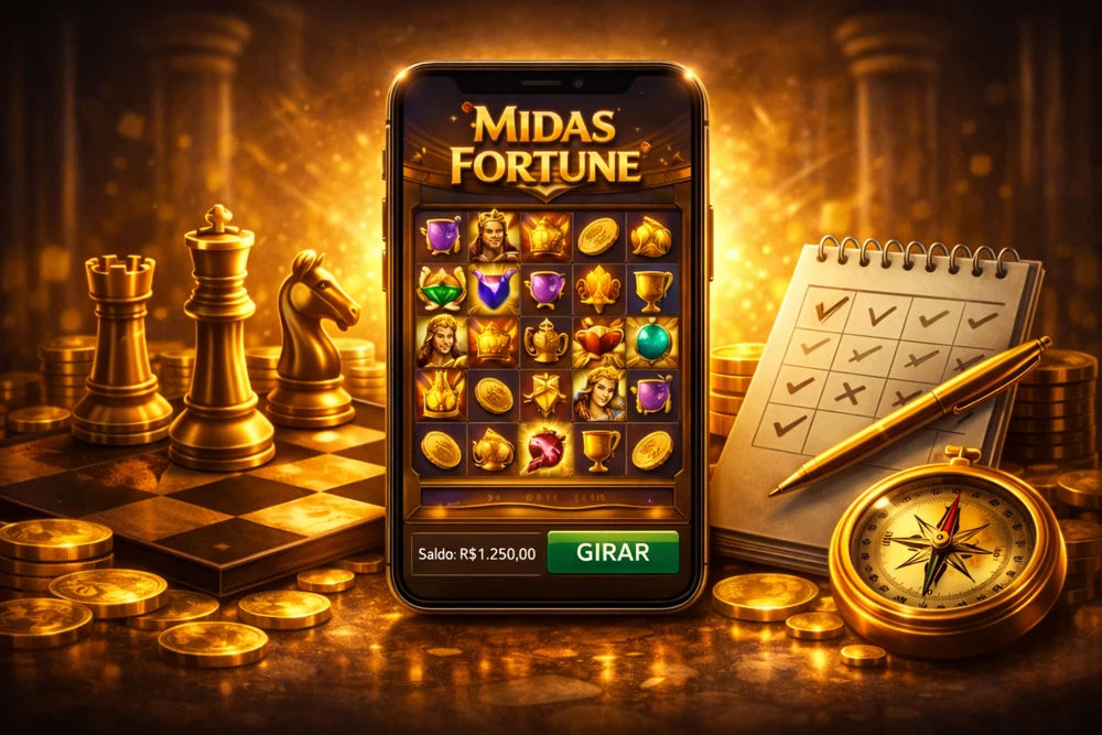 Midas Fortune em smartphone com interface do slot, moedas douradas e elementos de estratégia para representar controle de sessão no Brasil