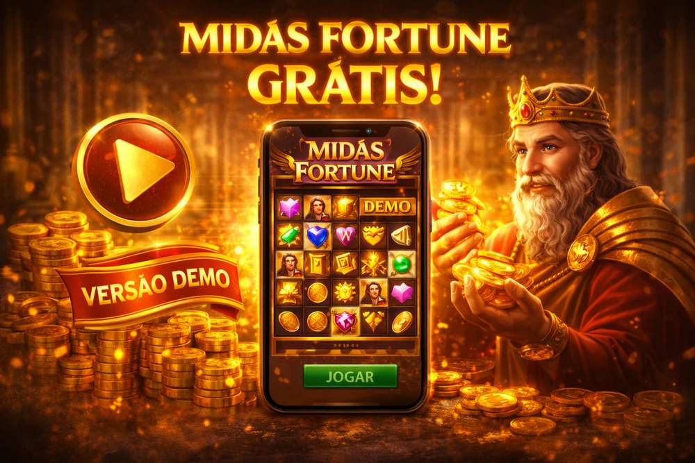 Midas Fortune grátis em smartphone com interface demo, moedas douradas e elementos visuais para jogar sem apostar dinheiro real no Brasil