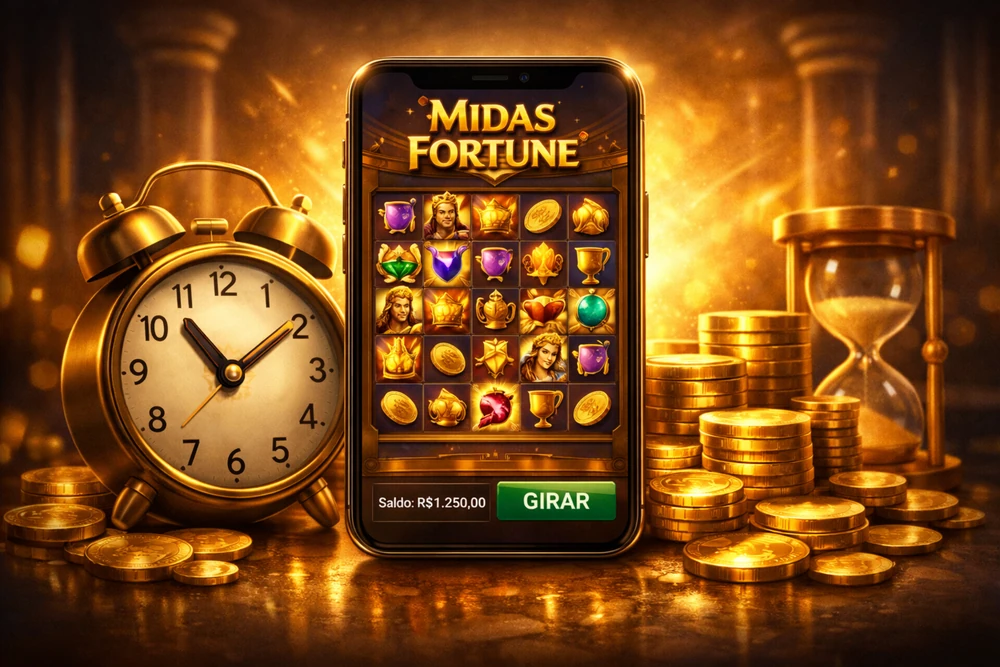 Midas Fortune em smartphone com relógio, moedas douradas e clima premium para representar horário e organização de sessão no Brasil