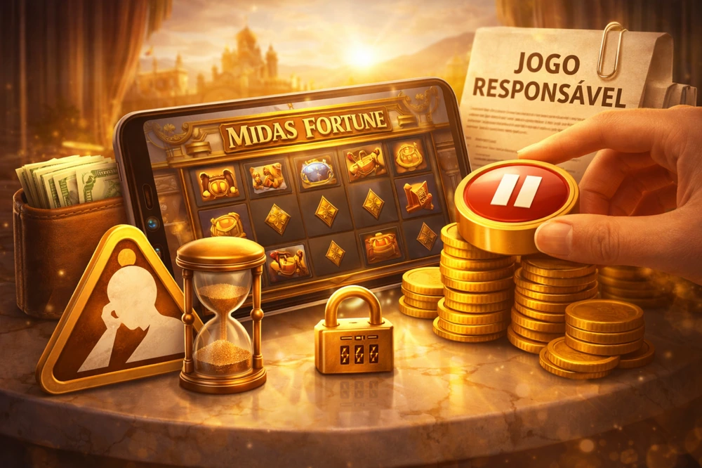 Midas Fortune em smartphone com elementos de controle, pausa, limite e proteção para representar jogo responsável no Brasil