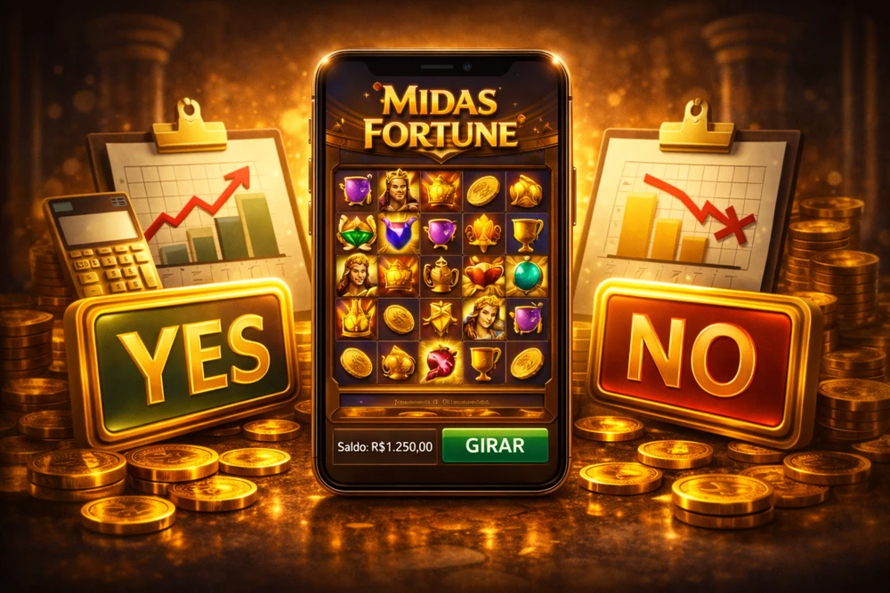 Midas Fortune em smartphone com interface do slot, moedas douradas e elementos visuais de decisão para representar como ganhar com mais clareza no Brasil