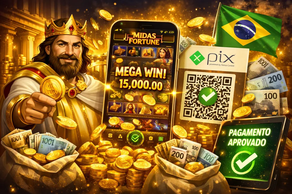 Midas Fortune Pix em smartphone com símbolo Pix, pagamento aprovado e acesso prático para jogar no Brasil