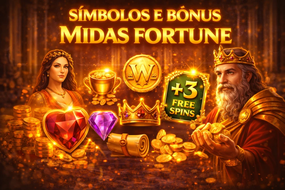 Símbolos e bônus do Midas Fortune com personagens do slot, moedas douradas e recursos visuais para explicar wild, free spins e dinâmica do jogo no Brasil