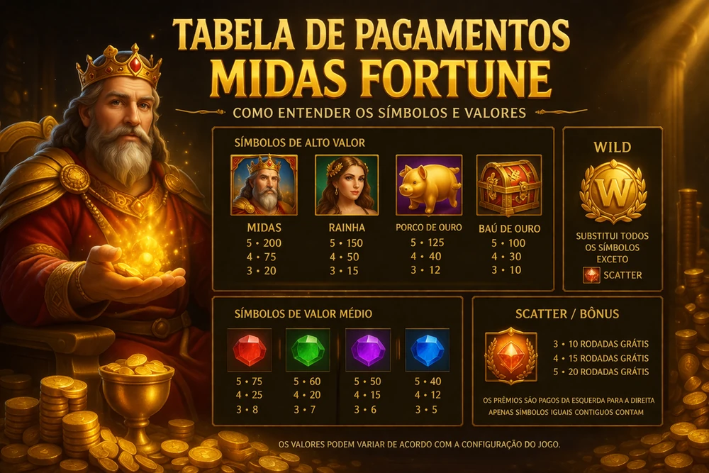 Tabela de pagamentos do Midas Fortune com símbolos, valores, wild, scatter e elementos visuais dourados para explicar a dinâmica do slot no Brasil